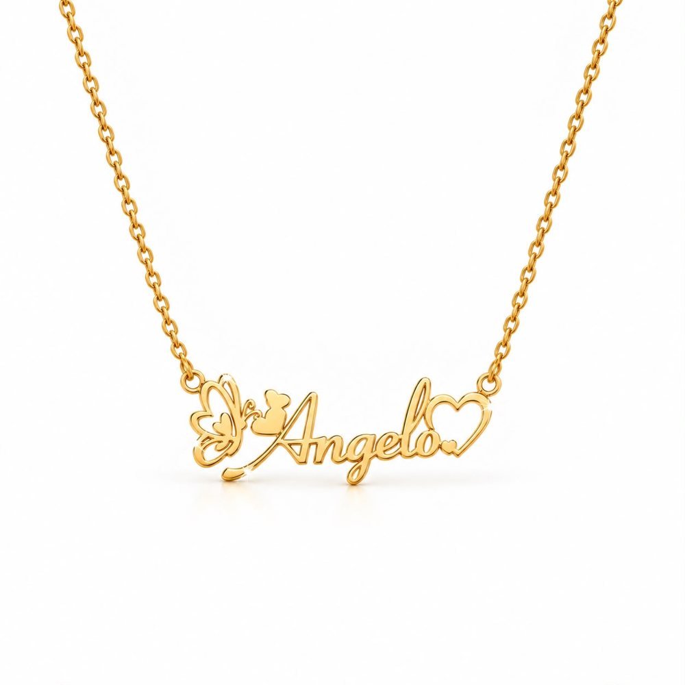 Butterfly & Heart Name Necklace — gold