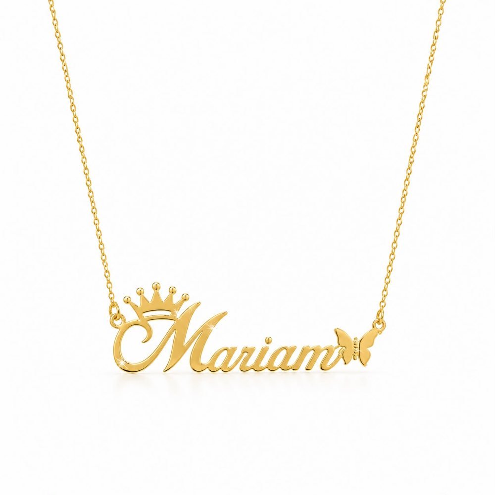 Crown & Butterfly Name Necklace — gold