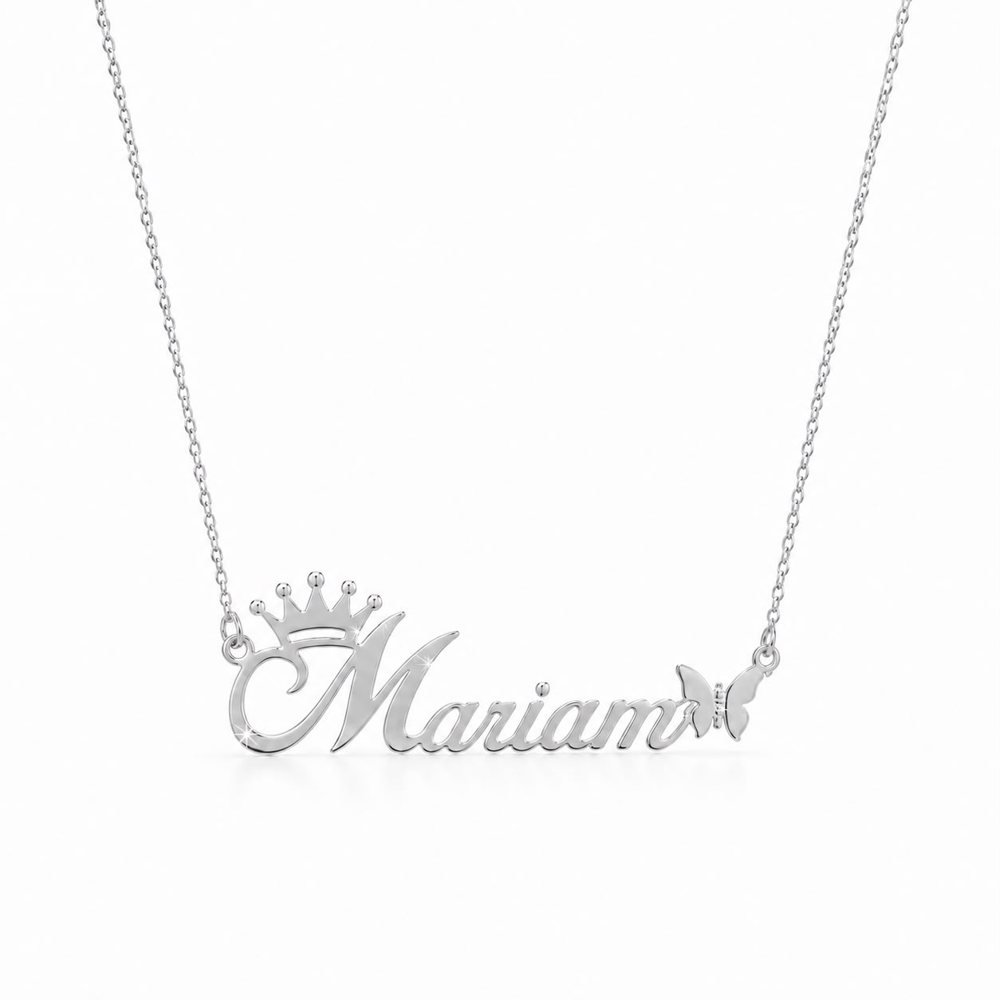 Crown & Butterfly Name Necklace — silver