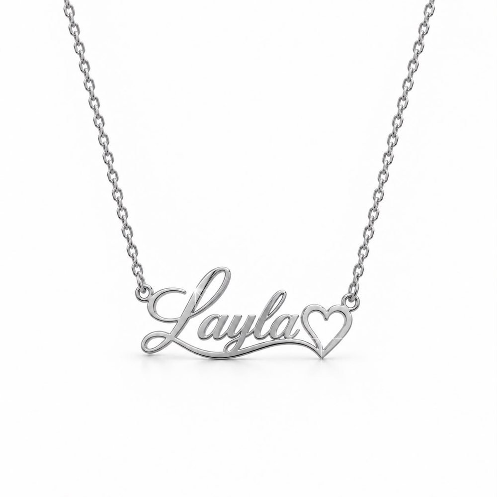 Script Name Necklace with Heart — silver